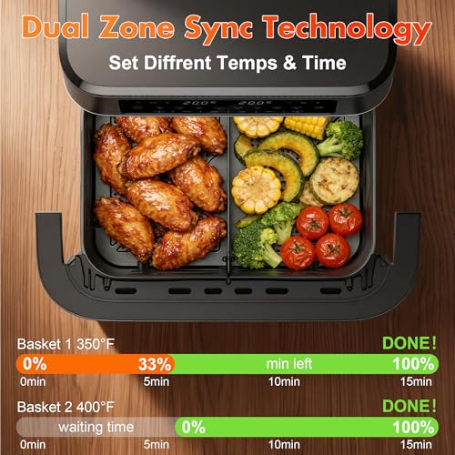 12QT Dual Basket Air Fryers with Dvider & 50PCS Paper Liners
