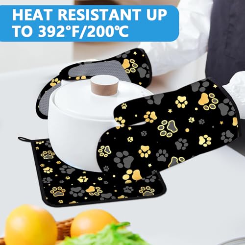 Gold Dog Paw Print Oven Mitts and Pot Holders Sets Heat Resistant 4Pcs Potholders Oven Gloves Hot Pads for Kitchen Baking Cooking Grilling BBQ (4 Count)