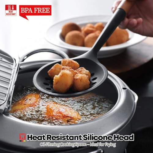 Silicon Cooking Skimmer Ladle with Wooden Handle