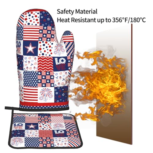 4th of July Patriotic Oven Mitts and Pot Holder Set of 2 Independence Day Heat Resistant Kitchen Gloves Hot Pads for Cooking Grilling BBQ