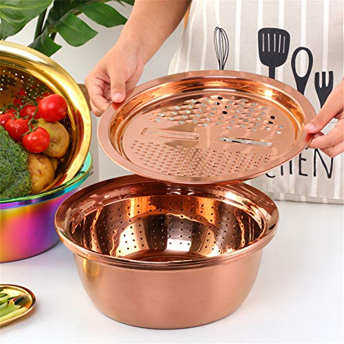 3-In-1 Multifunctional Grater Basin Colander Strainer Set, Mingcheng Stainless Steel Kitchen Grater/Drain Basket/Bottom Basin for Washing Rice, Fruits, Vegetable, Grater with Container (Rainbow) (3 Count)