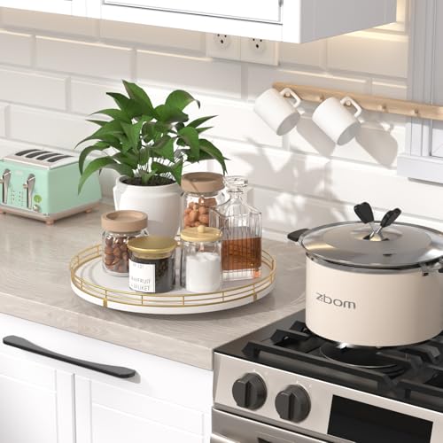 12 Inch White Wooden Lazy Susan Spice Organizer with Gold Rail