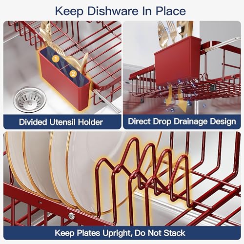 Red Dish Drying Rack Over the Sink with Utensil Holder