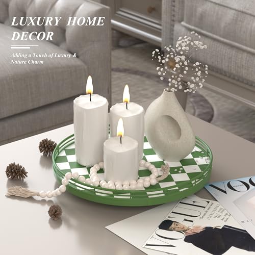 12 Inch Green and White Checkerboard Lazy Susan with Rubberwood Base