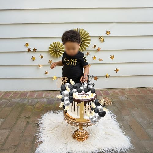 57Pcs Balls Cake Topper Boho Grass Cake topper Pearl Balls Acrylic Happy Birthday Cake Decorations for Wedding Baby Shower Birthday Boho Themed Party Supplies Black Silver (57 Count)