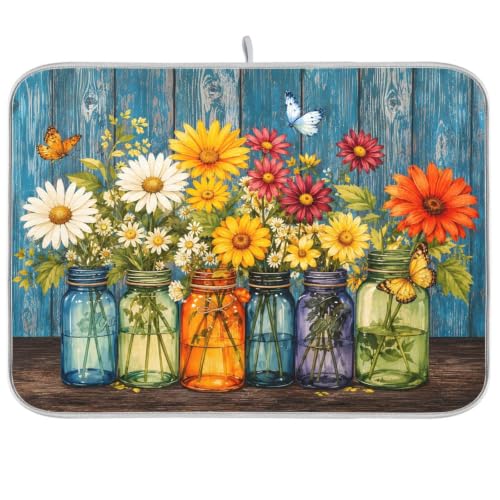 Daisy Flowers Vases Butterfly Dish Drying Mat for Kitchen Counter Absorbent Microfiber Drying Pad
