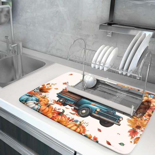 Fall Drying Mats for Kitchen Counter 18×24 Inch Autumn Truck Large Absorbent Microfiber Drying Pad Home Season Accessories