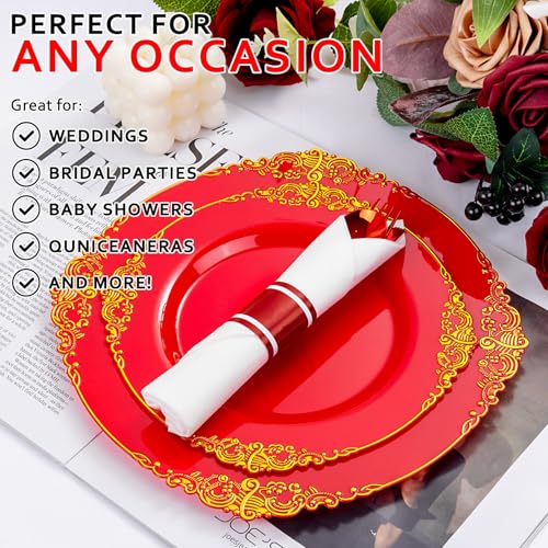 400PCS Pre Rolled Red Plastic Silverware Sets Heavy Duty for Wedding (400 Count)