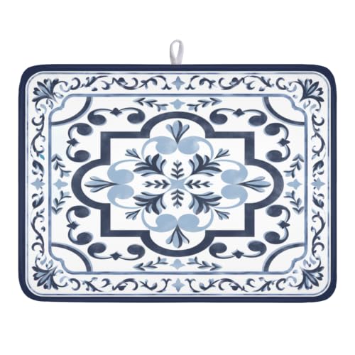 Navy Flower Dish Drying Mat Modern Boho Microfiber Dishes Drainer Pad 18x24 Inch Absorbent Fast Dry Dish Rack Mat for Kitchen Counter Sink
