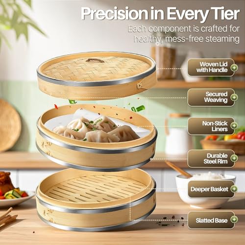 10 Inch Bamboo Steamer Basket Set with Stainless Steel Banding
