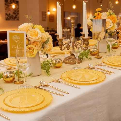 100pcs Elegant Yellow Plastic Plates with Gold Beaded for Wedding (100 Count)