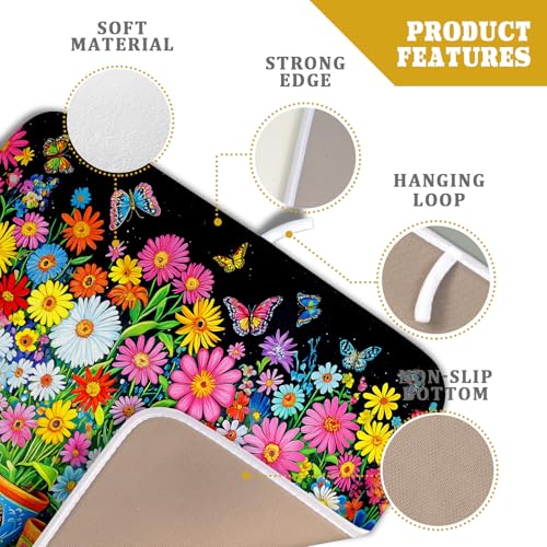 Colorful Floral Dish Drying Mat 16 X 18 Black Spring Flowers Absorbent Microfiber Kitchen Decor Counter Mats