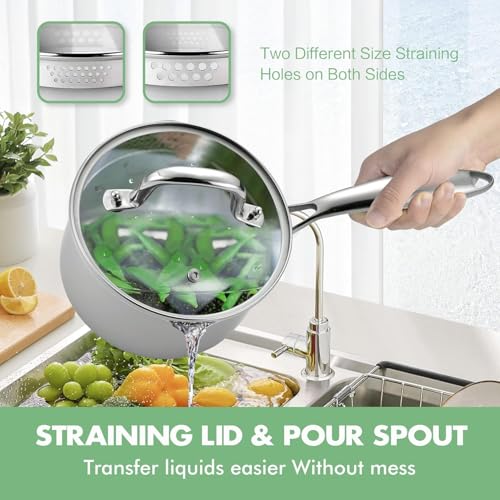 Tri Ply Stainless Steel Sauce Pan with Steamer Basket & Strainer Glass Lid