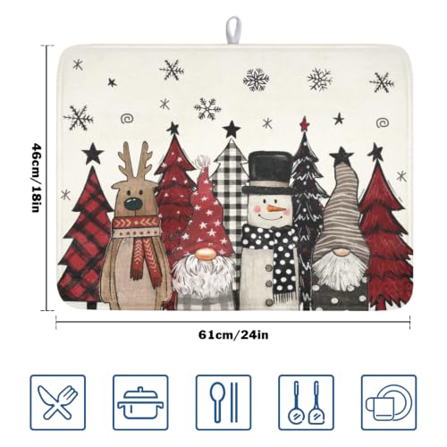 Winter Snowman Gnome Dish Drying Mat Xmas Tree Dishes Pad 18"x24" Microfiber Fast Dry Dish Drainer Rack Mats Kitchen Countertop Accessories