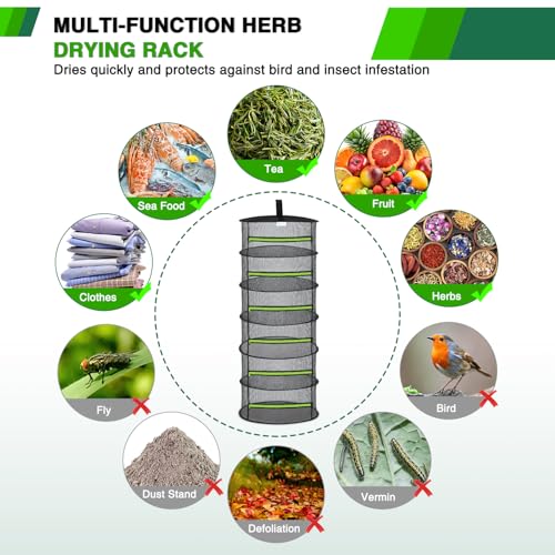 6 Layer Herb Drying Rack Hanging Mesh Net Foldable Plant Drying Racks 24" w Green Zipper Pruning Shears Dryer Hanging Rack for Herbs Seed Bud Fruit Clothes Grow Tent Closet Garden Outdoor 2 PCS
