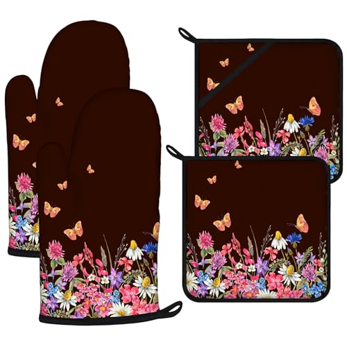 Watercolor Flowers Oven Mitts and Pot Holders Sets 4Pcs