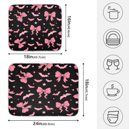 Halloween Dish Drying Mat for Kitchen Counter Absorbent Microfiber Small Drying Pad Dish Pink Bat Bow Mats for Kitchen Countertops 16 x 18 Inch