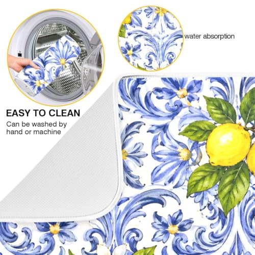 Lemon Blue Tiles Dish Drying Mat for Kitchen Counter Absorbent Microfiber Drying Pad