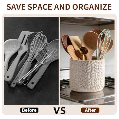 Utensil Holder Rustic Farmhouse Ceramic Utensil Crock for Countertop 5.3