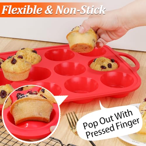 Silicone Muffin Pan with Metal Reinforced Frame Regular Size Muffin Pan with Handle Easy to Move 12 Cups for Baking Nonstick Muffin Tin BPA Free 1 Pack Red