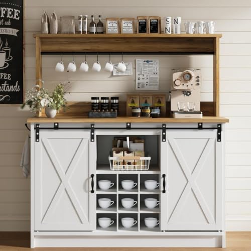 47" Coffee Bar Cabinet with Storage Hutch & Wine Rack