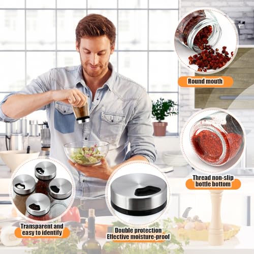 10 Pcs Salt Pepper Shakers Set with Adjustable Pour Holes Stainless Steel Spice Dispenser 6oz Clear Glass Seasoning Containers for Kitchen Restaurant Home BBQ Camping Farmhouse Accessories (10 Count)