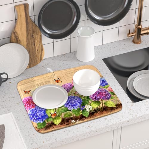 Vintage Hydrangea Dish Drying Mat Watercolor Floral Microfiber Absorbent Dish Drying Pad for Kitchen Counter Small