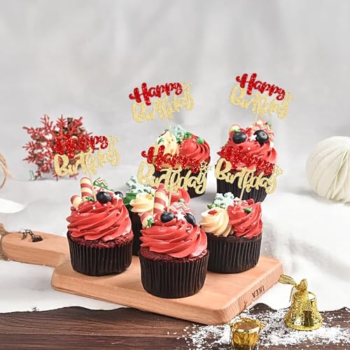24Pcs Happy Birthday Cupcake Toppers Double Layer Glitter Happy Birthday Cake Decorations for Christmas Theme Baby Shower Anniversary Party Decorations Supplies Red Gold (24 Count)