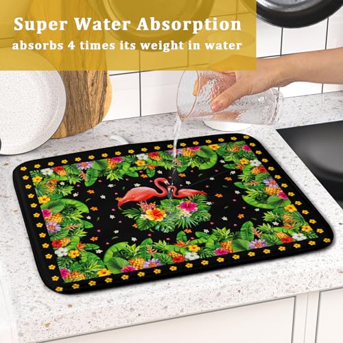 Tropical Flamingo Dish Drying Mat Palm Leaves Absorbent Dishes Drainer Pad Microfiber Dish Rack Mat for Kitchen Countertop Decor 16x18 Inch