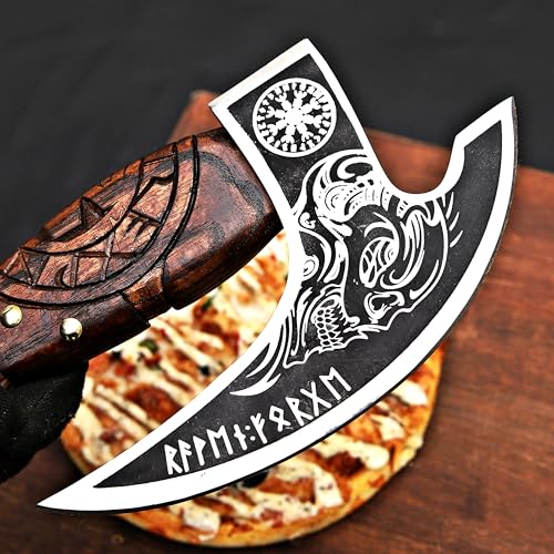 Pizza Cutter Axe Rocker Carbon Steel Slicer Chef Pizza Cutter Viking Axe with Leather Cover