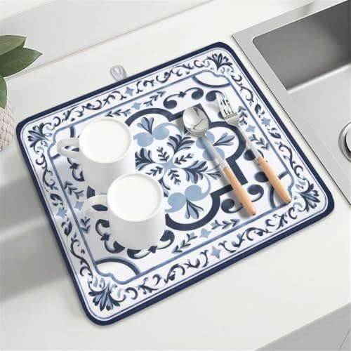 Navy Flower Dish Drying Mat Modern Boho Microfiber Dishes Drainer Pad 16x18 Inch Absorbent Fast Dry Dish Rack Mat for Kitchen Counter Sink