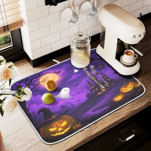 Halloween Scary Night Pumpkin Lanterns Purple Castle Dish Drying Mat for Kitchen Counter Absorbent Microfiber Large Drying Pad Dish mats for Kitchen Countertops 18 x 24 Inch