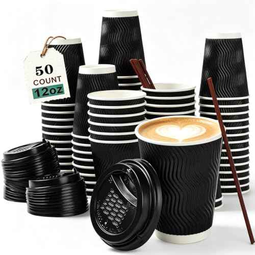 12 oz Disposable Paper Coffee Cups with Lids & Straws (50 Count)