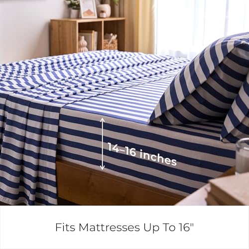 Iconic 4-PC, Ultra Soft Sheet Set (King, Oxford Stripe Blue Nova)