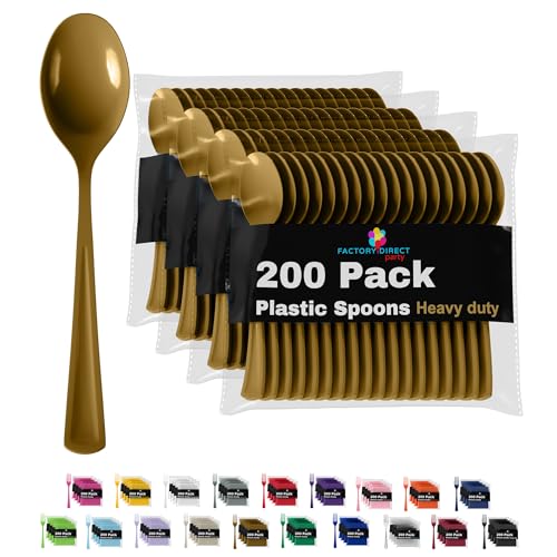 Party Solids Gold Plastic Spoons 200 Pieces Gold Spoons Disposable Utensils Heavy Duty Plastic Cutlery Set Disposable Cutlery Sets Flatware Sets Silverware Set Party Supplies & Party Tableware (200 Count)