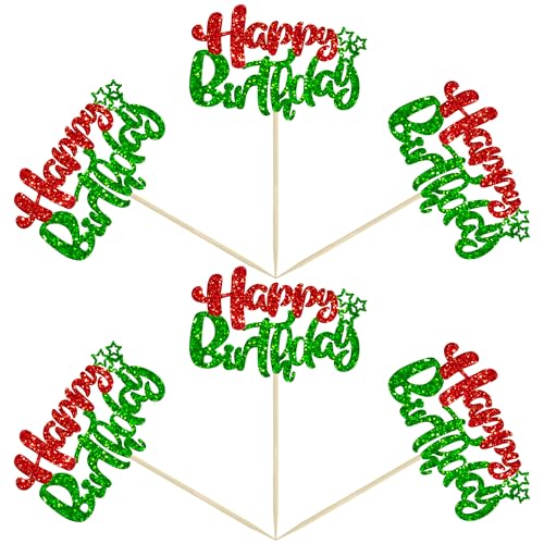 24Pcs Happy Birthday Cupcake Toppers Double Layer Glitter Happy Birthday Cake Decorations for Christmas Theme Baby Shower Anniversary Party Decorations Supplies Red Green (24 Count)