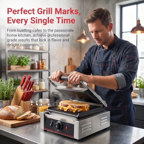 Commercial Panini Press With Grooved Grill Sandwich Maker Machine Electric Contact Grill Single