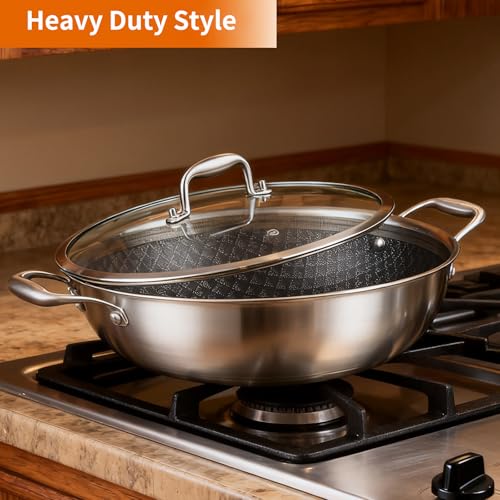 13 Inch Stainless Steel Nonstick Wok Pan with Lid 5.5Qt Pot