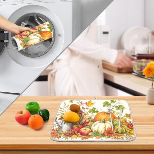 Autumn Fall Harvest Pumpkins Dish Drying Mat for Kitchen Counter Absorbent Microfiber Small Drying Pad Dish mats for Kitchen Countertops 16 x 18 Inch