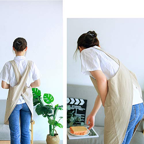 Japanese Linen Cross Back Kitchen Cooking Aprons for Women with Pockets Cute for Baking Painting Gardening Cleaning Khaki