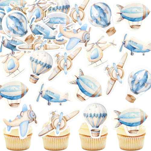 40Pcs Edible Watercolor Blue Airplanes Cupcake Toppers Edible Cartoon Hot Air Balloon Helicopter Cupcake Picks for Blue Boys Birthday Cupcake Decorations Airplane Baby Shower Cake Decorations (40 Count)