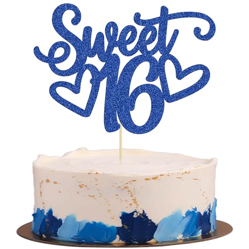1Pc Sweet Teenager 16 Cake Topper Glitter 16th Birthday Cake Pick for Cheers to 16 Years Old 16th Birthday Party Cake Decorations Supplies Blue