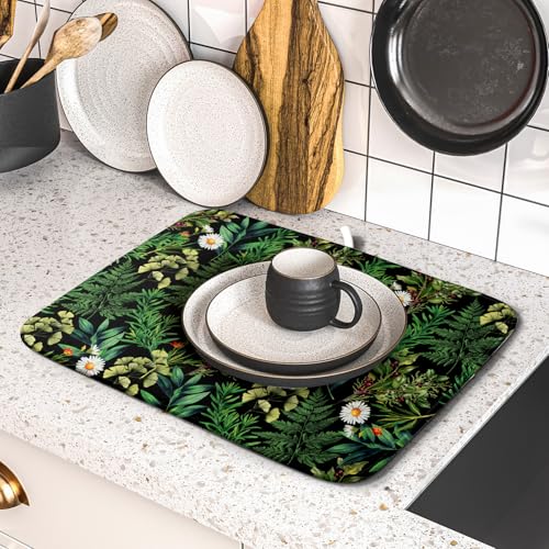 Green Botanical Dish Drying Mat 16x18 Inch Plant Leaf Fast Dry Dish Drainer Rack Mats Absorbent Microfiber Protector for Countertops Sinks