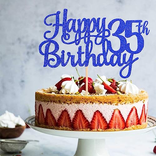 1 PCS Happy 35th Birthday Cake Topper Glitter Cheers to 35 Years Birthday Cake Pick Thirty Five 35 Fabulous Cake Decoration for Happy 35th Birthday Theme Party Decorations Supplies Blue