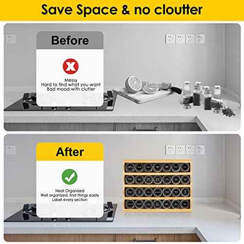 Bamboo Spice Rack Organizer With 28 Glass Spice Jars 4 oz (28 Count)