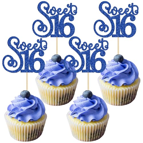24 Pack 16th Birthday Cupcake Toppers Glitter Sixteen Happy Sweet 16 Cupcake Picks Cheers to 16 Years Old Cupcake Decorations for 16th Birthday Anniversary Party Cake Decorations Supplies Blue (24 Count)
