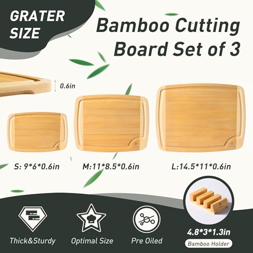Bamboo Cutting Board Set Non Slip Feet with Holder Over Sink Tablas Para Picar Cocina Tabua Madeira Corte Carne Bambu Alimentos Cortar Madera Juego Regalos Cumpleaños Navidad Mujer Mama Abuela Papa (3 Count)