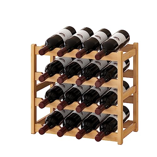 Bamboo Wine Rack Wine Storage Cabinet Shelf 16 Bottle Wine Racks Countertop Sturdy for Kitchen Dining Room Pantry