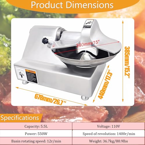 110V Commercial Food Processor Electric Food Cutter Meat Vegetable Chopper Grinder Machine with 5.5L Capacity for Vegetables Fruits Meat Grains Peanut Ginger Garlic