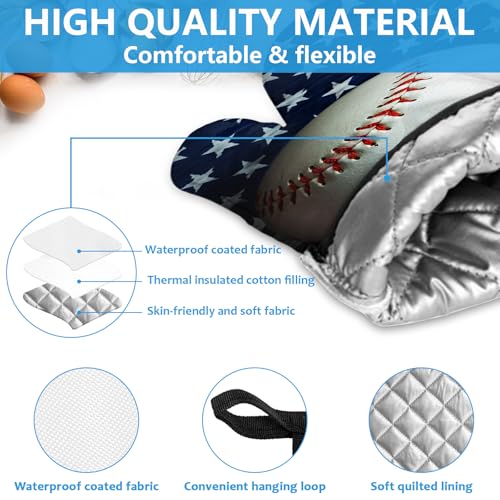 American Flag Baseball Oven Mitts and Pot Holders Sets Heat Resistant 4Pcs Potholders Oven Gloves Hot Pads for Kitchen Baking Cooking Grilling BBQ (4 Count)